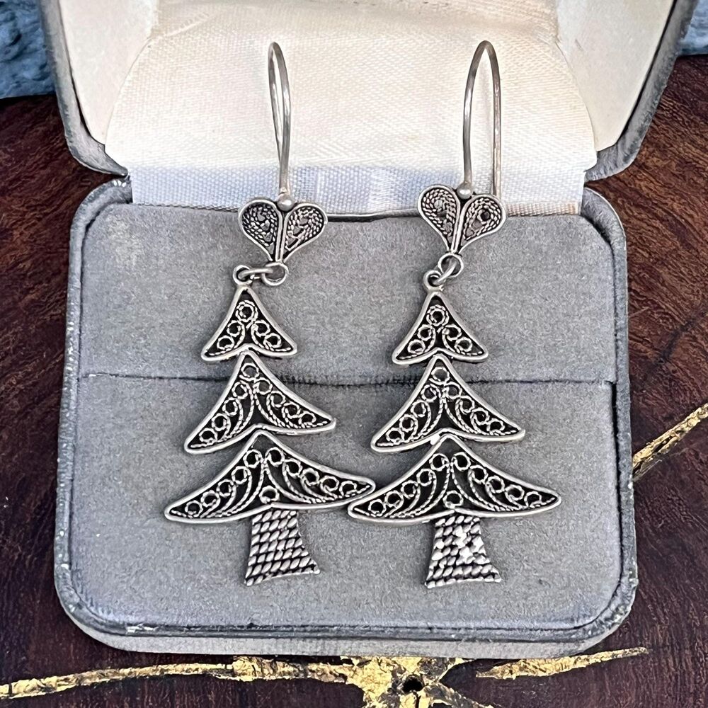 Sterling Silver FIligree Christmas Tree Earrings Turkish Jewelry holiday